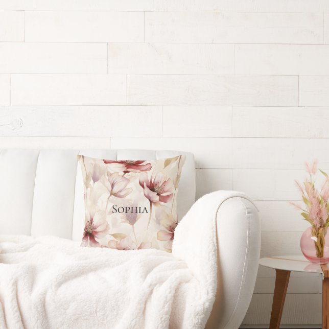 Burgundy Cream Spring Flowers  Cushion (Couch)