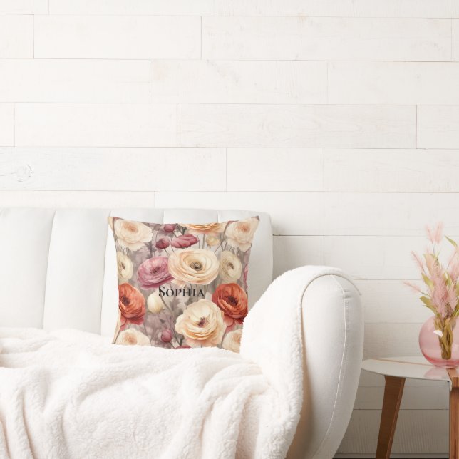 Burgundy Cream Spring Flowers  Cushion (Couch)