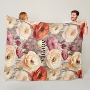 Burgundy Cream Spring Flowers  Fleece Blanket