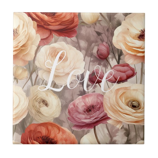 Burgundy Cream Spring Flowers Love Tile (Front)