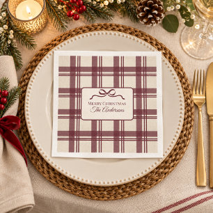 Burgundy Cream Tartan Plaid Bow Christmas Napkin