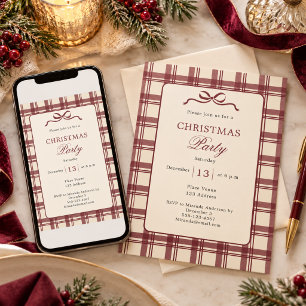 Burgundy Cream Tartan Plaid Bow Christmas Party Invitation