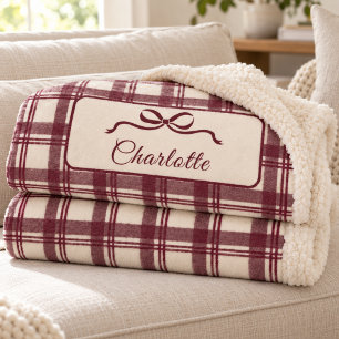 Burgundy Cream Tartan Plaid Bow Christmas Sherpa Blanket