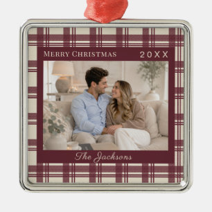 Burgundy Cream Tartan Plaid Photo Christmas Metal Tree Decoration