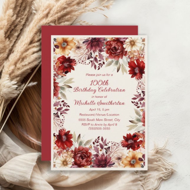 Burgundy Cream Watercolor Floral 100th Birthday Invitation (Burgundy and cream floral 100th birthday party invitation)
