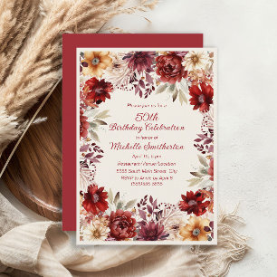 Burgundy Cream Watercolor Floral 50th Birthday Invitation