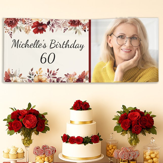 Burgundy Cream Watercolor Floral 60th Birthday Banner (Burgundy and cream watercolor floral 60th birthday party photo banner)