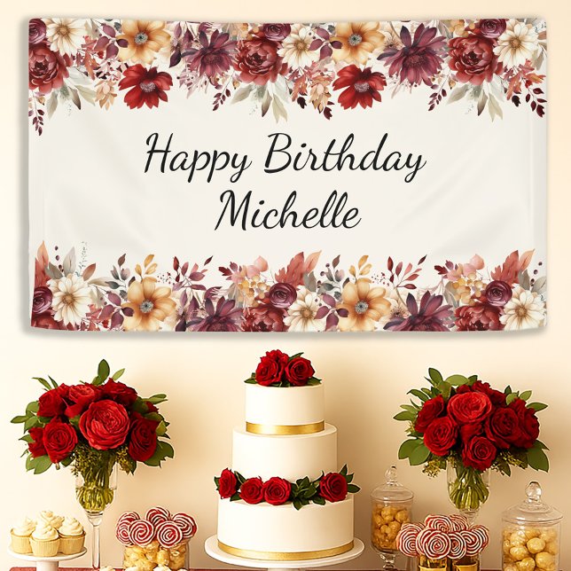 Burgundy Cream Watercolor Floral Happy Birthday Banner (Burgundy watercolor floral "Happy Birthday" banner personalized with your text)