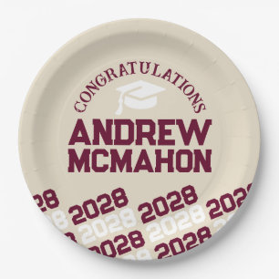 Burgundy, Cream & White Personalised Graduation Paper Plate