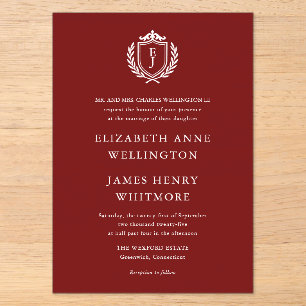 Burgundy Crest Wedding Custom Initials Acrylic Invitations