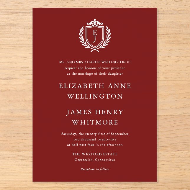Burgundy Crest Wedding Custom Initials Acrylic Invitations (Front)