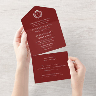Burgundy Crest Wedding Custom Initials All In One Invitation