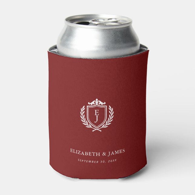 Burgundy Crest Wedding Custom Initials Can Cooler (Can Front)
