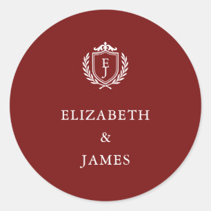 Burgundy Crest Wedding Custom Initials Classic Round Sticker