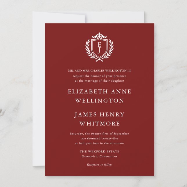 Burgundy Crest Wedding Custom Initials Invitation (Front)