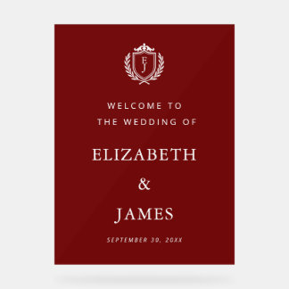 Burgundy Crest Wedding Welcome, Custom Initials Acrylic Sign
