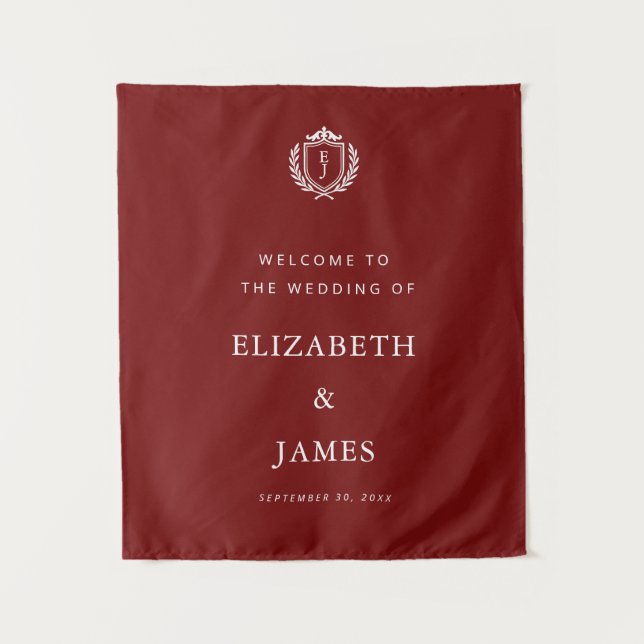 Burgundy Crest Wedding Welcome, Custom Initials Tapestry (Front)