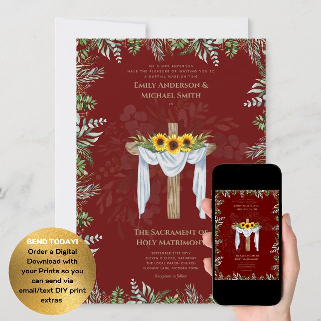 Burgundy Cross Catholic Nuptial Mass Wedding Invitation (Creator Uploaded)