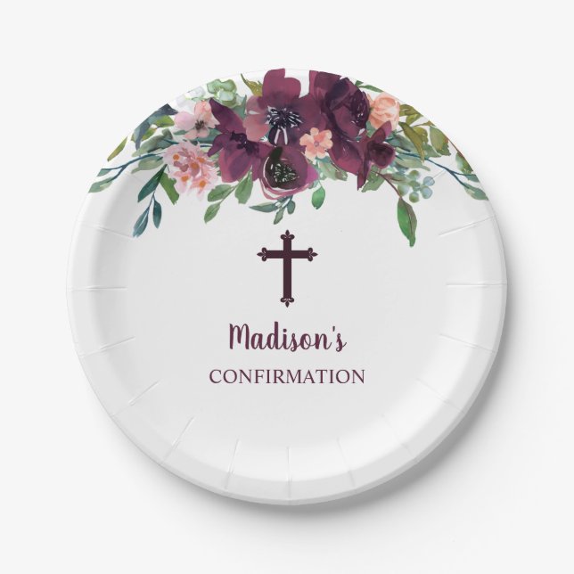 Burgundy Cross Floral Watercolor Confirmation Paper Plate (Front)
