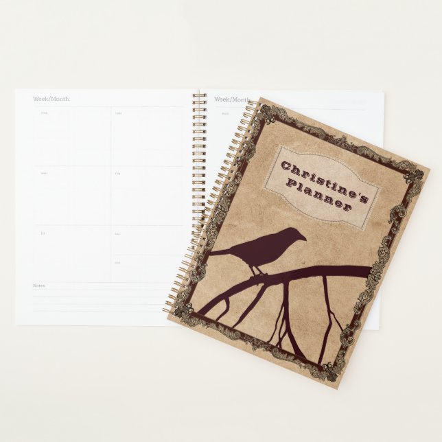 Burgundy Crow and Custom Text on Antique Parchment Planner (Display)