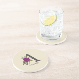 Burgundy Dahlia Floral Alphabet Letter Monogram Coaster