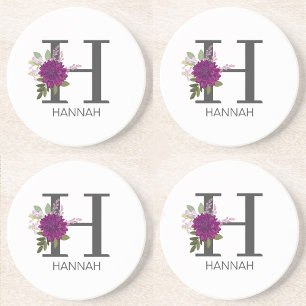 Burgundy Dahlia Floral Alphabet Letter Monogram Coaster