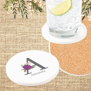 Burgundy Dahlia Floral Alphabet Letter Monogram Coaster
