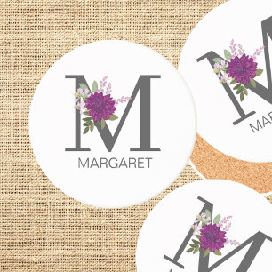 Burgundy Dahlia Floral Alphabet Letter Monogram Coaster