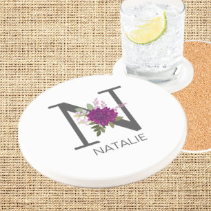Burgundy Dahlia Floral Alphabet Letter Monogram Coaster