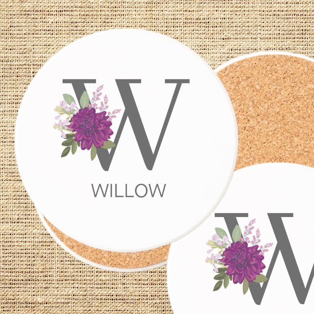 Burgundy Dahlia Floral Alphabet Letter Monogram   Coaster (Creator Uploaded)