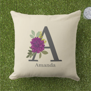 Burgundy Dahlia Floral Alphabet Letter Monogram  Cushion