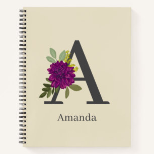 Burgundy Dahlia Floral Alphabet Letter Monogram Notebook