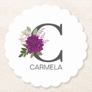 Burgundy Dahlia Floral Alphabet Letter Monogram  O Paper Coaster