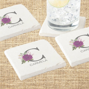 Burgundy Dahlia Floral Alphabet Letter Monogram O Stone Coaster