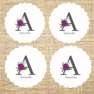 Burgundy Dahlia Floral Alphabet Letter Monogram  Paper Coaster