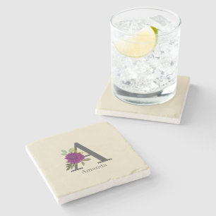 Burgundy Dahlia Floral Alphabet Letter Monogram Stone Coaster