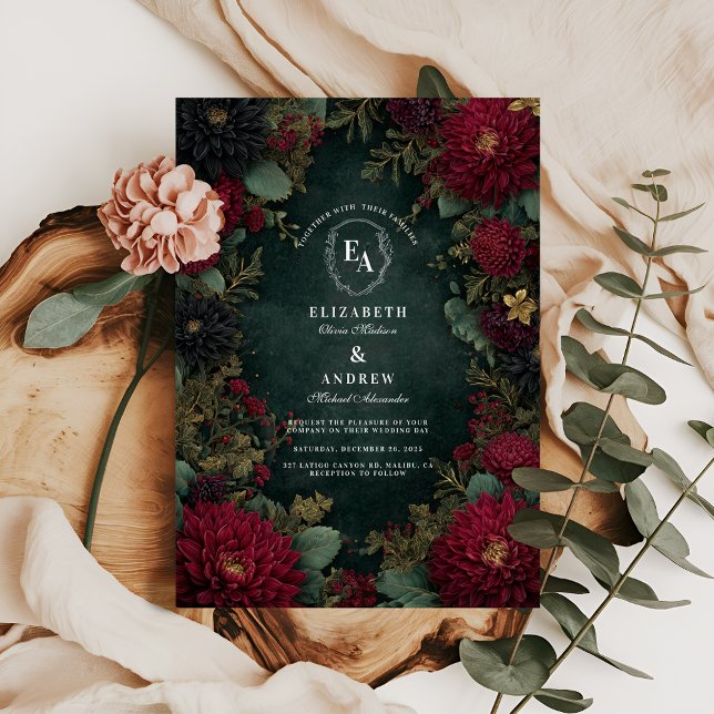 Burgundy Dahlia & Gold Autumn Wedding Invitation (Creator Uploaded)