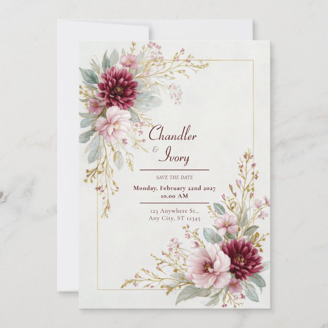 Burgundy Dahlia Pink Rose Gold Frame Wedding Invitation (Front)