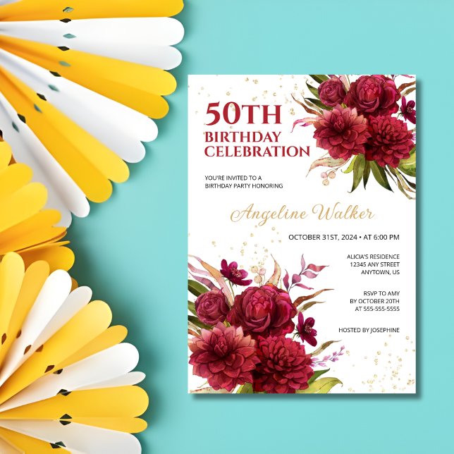 Burgundy Dahlia Rose Floral Gold Glitter Birthday Invitation (Creator Uploaded)