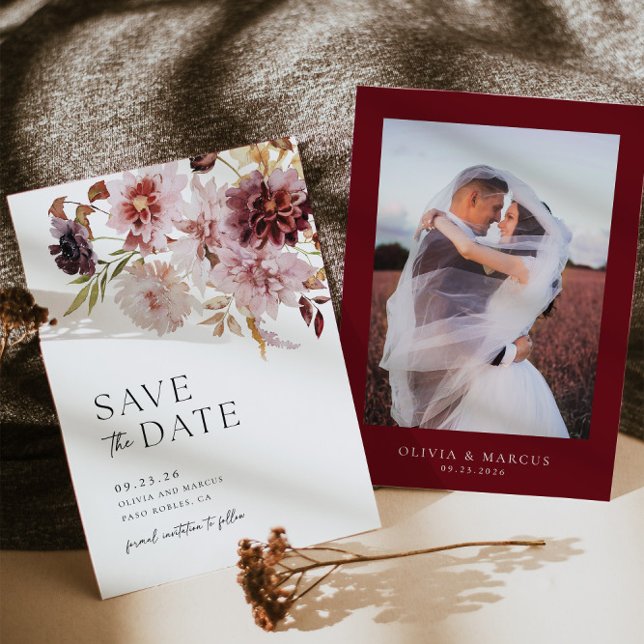 Burgundy Dahlia Wedding Save The Date Invitation (Save The Date Front/Back)