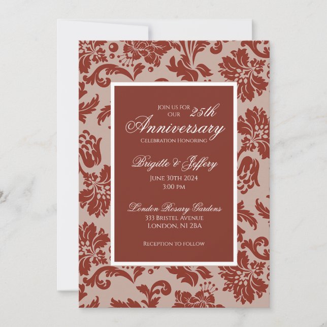 Burgundy damask anniversary invitation (Front)