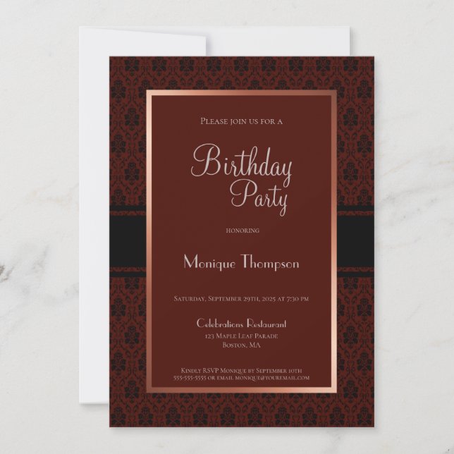 Burgundy Damask Border Any Age Birthday Party Invitation (Front)