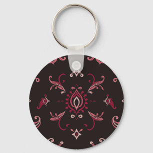 Burgundy Damask Floral Ornament Pattern Key Ring