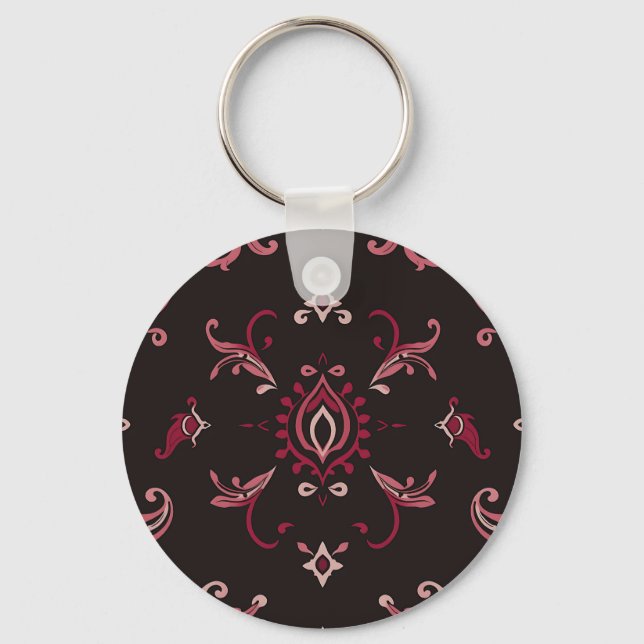 Burgundy Damask Floral Ornament Pattern Key Ring (Front)