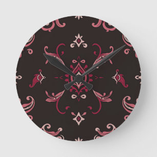Burgundy Damask Floral Ornament Pattern Round Clock