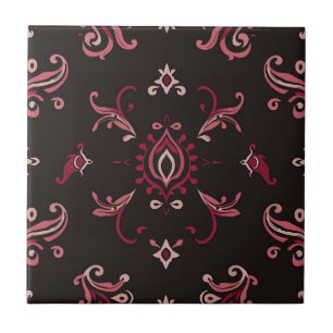 Burgundy Damask Floral Ornament Pattern Tile