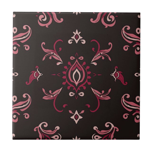 Burgundy Damask Floral Ornament Pattern Tile (Front)