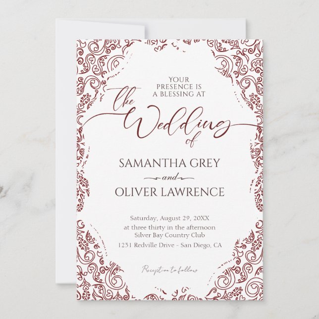 Burgundy Damask Frame Wedding Invitation (Front)