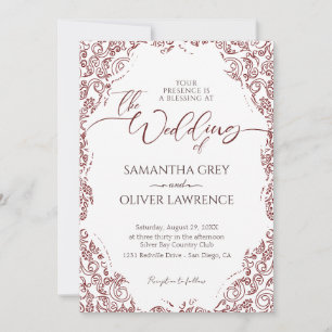Burgundy Damask Frame Wedding Invitation