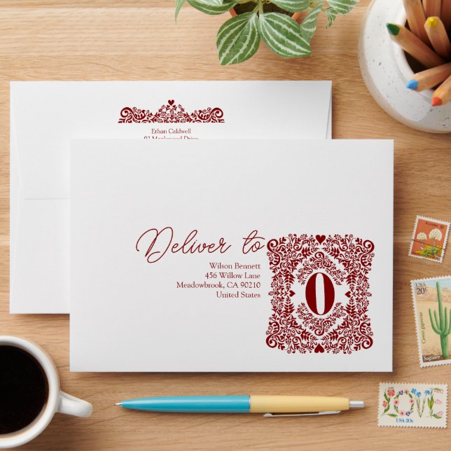 Burgundy Damask Initial O Modern Envelope (Desk)